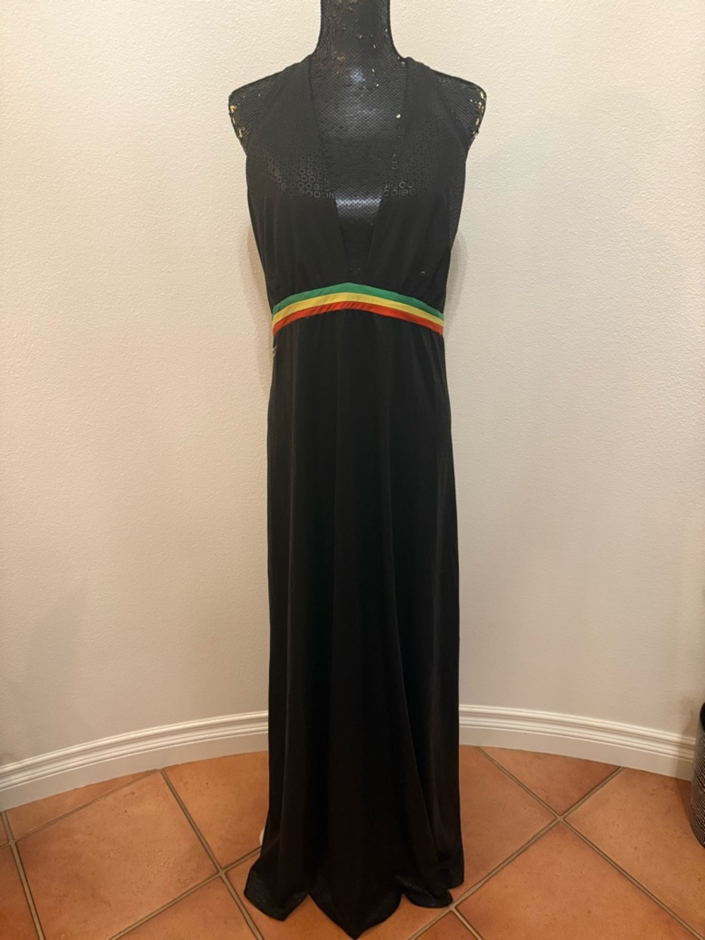COOGI Vintage Y2K Black Halter Maxi Dress With Rasta Inspired Colored Waistband - Picture 4 of 9